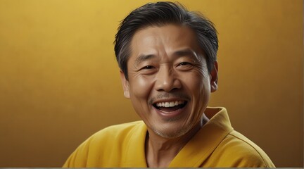 young chinese elderly man on plain bright yellow background laughing hysterically looking at camera background banner template ad marketing concept from Generative AI