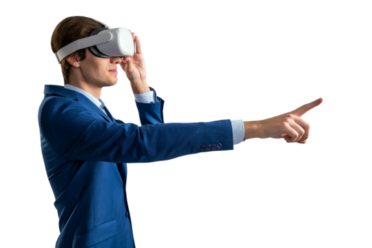 A businessman in a blue suit using virtual reality headset, pointing forward, isolated on a white background, representing technology and innovation