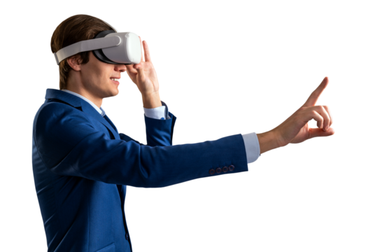 A man in a blue suit using virtual reality headset, interacting with virtual interface, against a white background