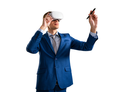 A man in a blue suit using a virtual reality headset and holding a stylus, on an isolated white background, depicting technology interaction