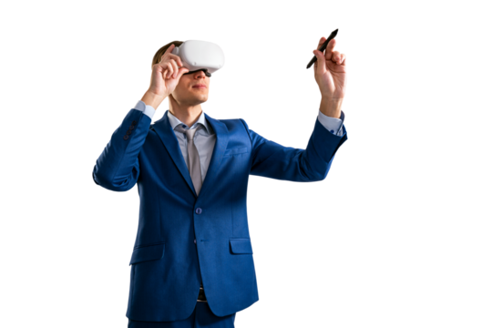 A man in a blue suit using a virtual reality headset and holding a stylus, on an isolated white background, depicting technology interaction