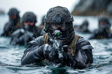 A group of Navy SEALs in tactical gear advancing through water under harsh weather conditions, with a focused soldier aiming his weapon at the forefront.