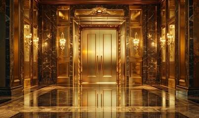 Background of a golden door made of pure solid gold in a luxurious environment, Generative AI