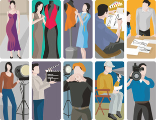 Art professions vector illustrations, collection of artistic and creative occupations. Diverse group of a fashion model, designers and garment tailors, photographers, and a film crew at work.