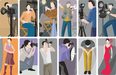 Art professions vector illustrations, collection of artistic and creative occupations. Diverse group of a cameramen, operators, directors, film crew, fashion models and designers at work.