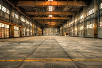 : An abandoned industrial complex, with large, empty warehouses, silence echoing against the tall, concrete walls