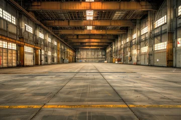Foto op Canvas : An abandoned industrial complex, with large, empty warehouses, silence echoing against the tall, concrete walls © Kashif