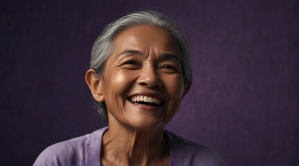 young indonesian elderly woman on plain bright purple background laughing hysterically looking at camera background banner template ad marketing concept from Generative AI