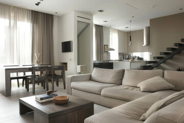 Fototapeta na wymiar Modern French Taupe Gray Minimalist style house interior and living room Biophilic Design.