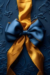 A blue background with a blue and yellow ribbon