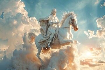Jesus Christ with the name of Michael sitting on a white horse Victory over the forces of evil, Generative AI - obrazy, fototapety, plakaty
