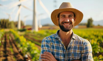 A happy young farmer taking care of his business with renewable energy, Generative AI