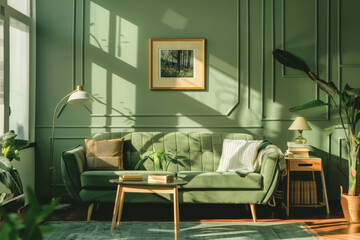 Modern French Green Retro style house interior and living room Dynamic Spaces. - obrazy, fototapety, plakaty