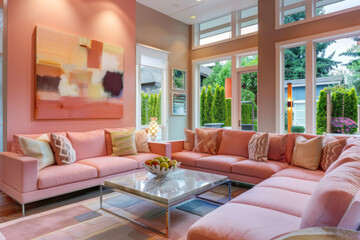 Modern Mid century blush Pink Modern style house interior Hybrid Spaces. - obrazy, fototapety, plakaty