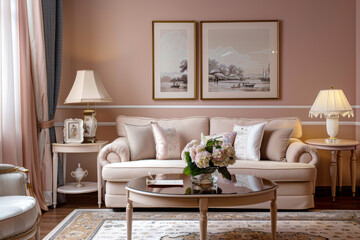 Modern Mid century blush Pink Traditional style house interior Natural Materials.