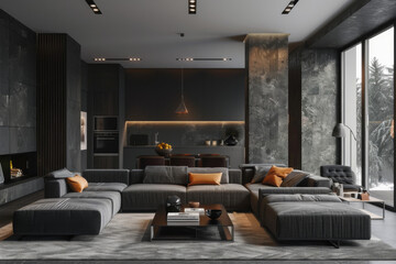 Modern Mid century Charcoal Gray Modern style house interior and living room Hybrid Spaces. - obrazy, fototapety, plakaty