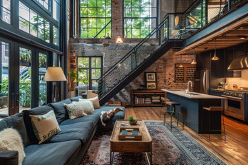 Modern Mid century Forest Green Industrial style house interior and living room Smart Homes. - obrazy, fototapety, plakaty