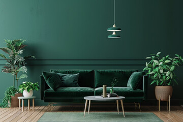 Modern Mid century Forest Green Minimalist style house interior and living room Mindful Living. - obrazy, fototapety, plakaty