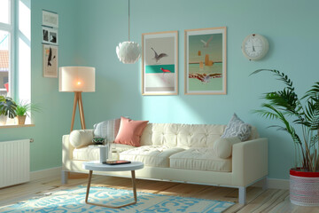 Modern Mid century Pastel Blue Retro style apartment interior and living room Hybrid Spaces.