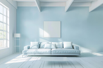 Modern Mid century Sky Blue Minimalist style loft interior and living room Smart Homes. - obrazy, fototapety, plakaty