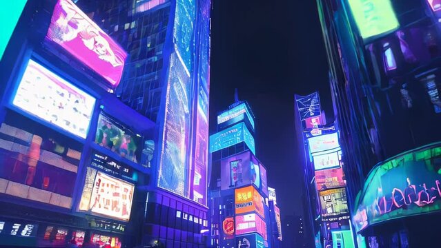 Vivid neon lights illuminate a futuristic urban nightscape. Skyscrapers line the streets, their modern architectural designs etching silhouettes against the sky. 