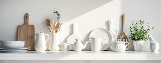 white utensils on a shelf at the kitchen in the style o 10e66d50-279a-441a-a29c-979c0e67a2ef