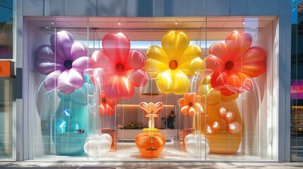 Front view of a pop up store with transparent glass, big colorful inflatable flowers inside. Generative AI. - obrazy, fototapety, plakaty