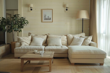 Modern Mid century Beige Retro style house interior and living room Flexible Furniture.