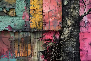 : An abstract mixed-media piece with textured elements