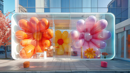 Front view of a pop up store with transparent glass, big colorful inflatable flowers inside. Generative AI. - obrazy, fototapety, plakaty
