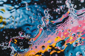 Fototapeta premium Colorful paint swirls and droplets on surface. This image captures a vibrant mix of colorful paint swirling together, creating a dynamic and fluid abstract pattern with droplets scattered throughout 