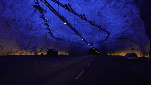 blue light of the interior of the underground Laerdal tunnel, the longest road tunnel on earth in Norway