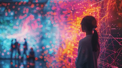 A woman explores a complex data visualization interface, touching a futuristic holographic display of interconnected data points and networks.