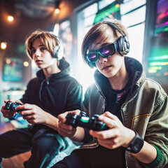 Deux adolescents jouent au jeux vidéos, assis, vue de face, ils portent chacun un casque audio et tiennent une manette entre leurs mains  