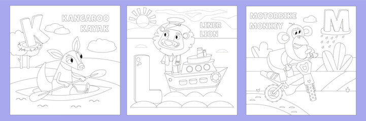 Cute monkey on motorbike. Transport and animals. Coloring page. Alphabet, card with cute cartoon-style characters. ABC. Education for children. Preschool activity. Vector illustration.
