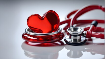 extreme close-up of a stethoscope and a scarlet heart on a copy space-filled reflecting surface. Concept of medical health and cardiovascular care. - obrazy, fototapety, plakaty