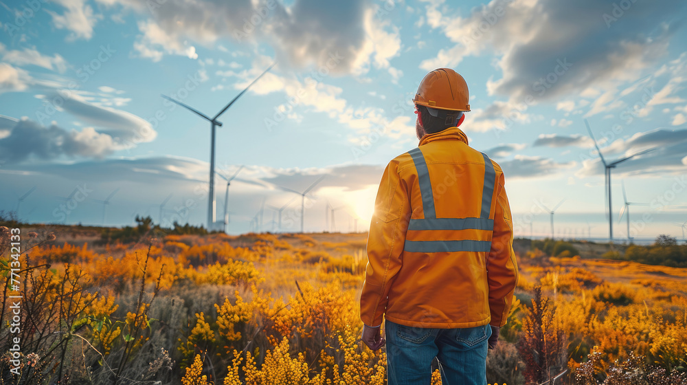 Poster renewable energy source, engineer standing in a field at a wind farm. generative ai.