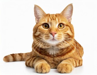 Orange tabby cat lying down, isolated against a white background