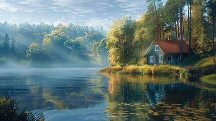 Fototapeta premium A house next to the lake surrounded by green trees. Generative AI.