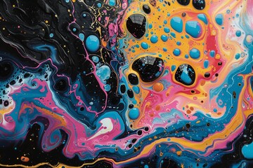 Colorful paint swirls and droplets on surface. This image captures a vibrant mix of colorful paint swirling together, creating a dynamic and fluid abstract pattern with droplets scattered throughout 