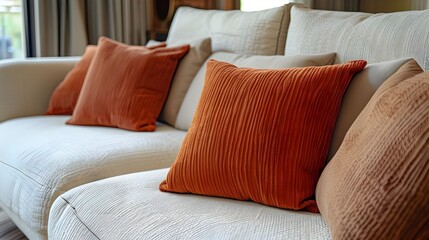 Close up of beige fabric sofa with terra cotta pillows. Boho style home interior design of modern living room.
