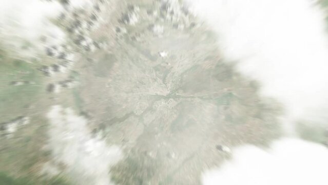 Earth zoom in from space to Iringa, Tanzania. Followed by zoom out through clouds and atmosphere into space. Satellite view. Travel intro. Images from NASA