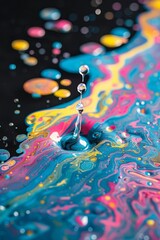 Fototapeta na wymiar Colorful paint swirls and droplets on surface. This image captures a vibrant mix of colorful paint swirling together, creating a dynamic and fluid abstract pattern with droplets scattered throughout 