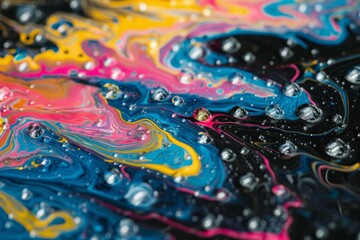 Colorful paint swirls and droplets on surface. This image captures a vibrant mix of colorful paint swirling together, creating a dynamic and fluid abstract pattern with droplets scattered throughout 