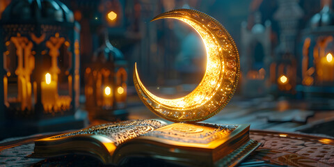 Ramadan Kareem Islamic Decoration Background With Crescent Arabic Lantern Quran,  A Ramadan Kareem Book With A Crescent On Top Background.




