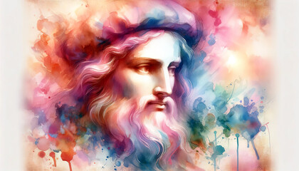 The portrait of the long, bushy-haired, bearded man is set against a background of vivid, watercolour-like patches of colour. The gentle face of the figure exudes calm and introspection.AI generated.