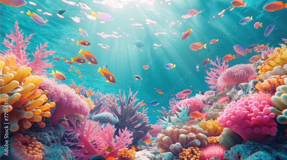 Wall mural A beautiful coral reef with fish, corals and anemones in bright pastel colors. Generative AI. - Wall murals