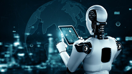 XAI 3d illustration Future financial technology controll by AI robot huminoid uses machine learning and artificial intelligence to analyze business data and give advice on investment and trading