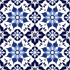 Fototapeta premium Blue and white Moroccan pottery seamless pattern, inspired by the coastal town of Safiv