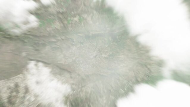 Earth zoom in from space to Mutare, Zimbabwe. Followed by zoom out through clouds and atmosphere into space. Satellite view. Travel intro. Images from NASA